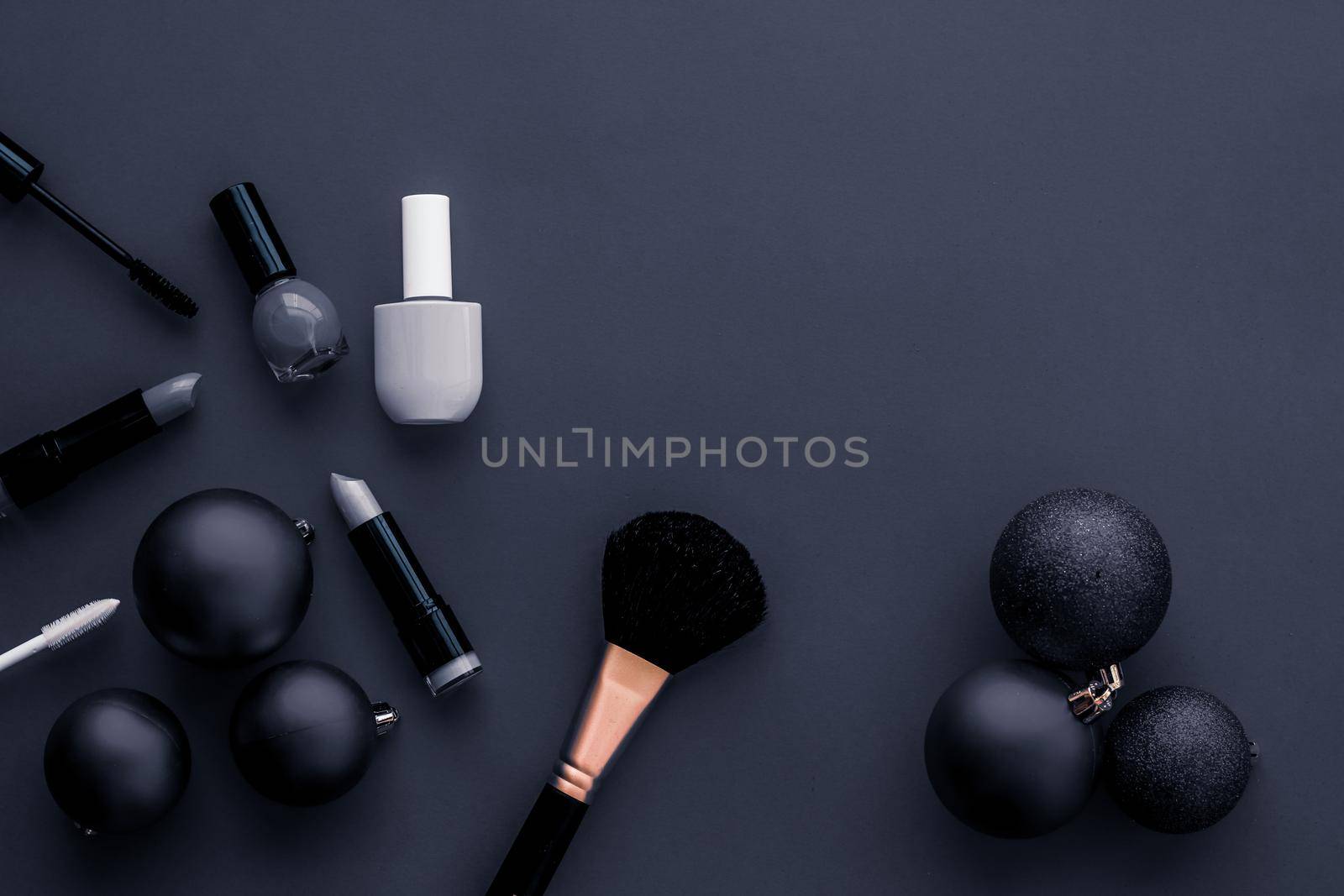 Cosmetic branding, fashion blog cover and girly glamour concept - Make-up and cosmetics product set for beauty brand Christmas sale promotion, luxury black flatlay background as holiday design