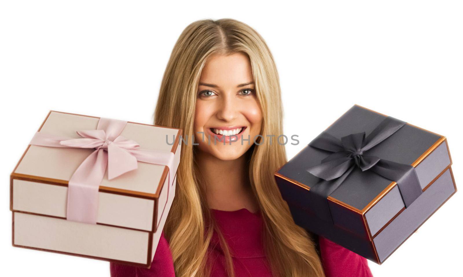 Birthday, Christmas gifts or holiday present, happy woman holding gift boxes isolated on white background, portrait