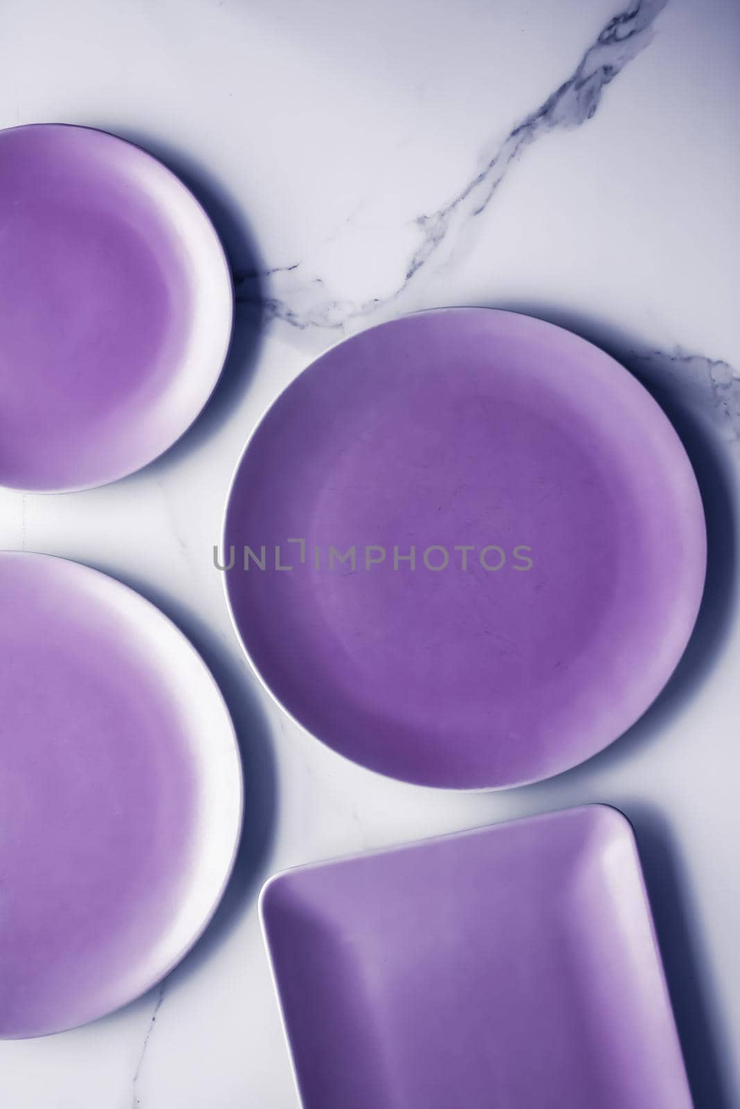 Purple empty plate on marble table background, tableware decor for breakfast, lunch and dinner for restaurant brand menu recipe, luxury holiday flatlay design by Anneleven