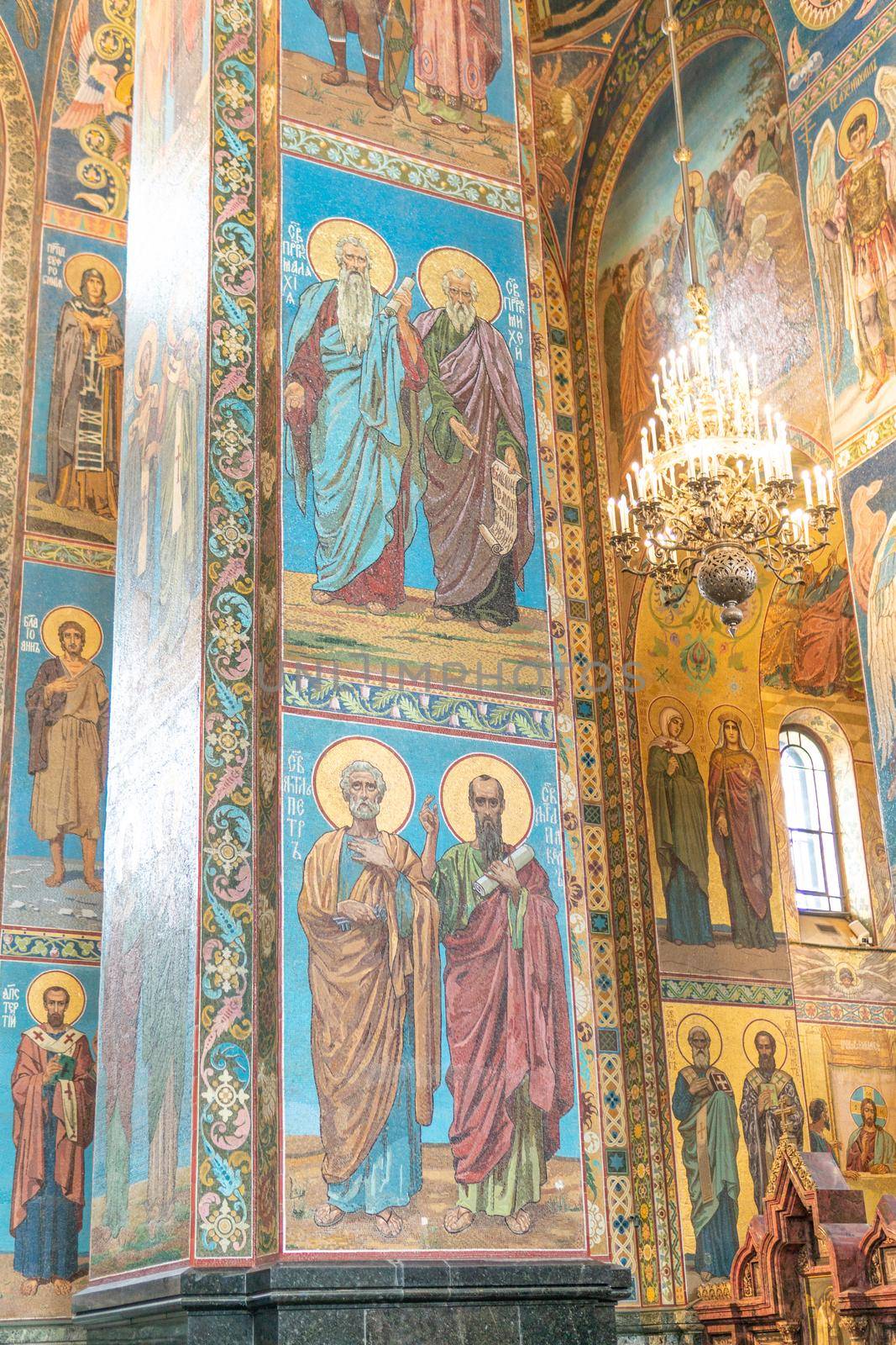 RUSSIA, PETERSBURG - AUG 21, 2022: petersburg christ church russia saint russian building st icon, from jesus krovi for famous for religion culture, dome vault. Old st columns,