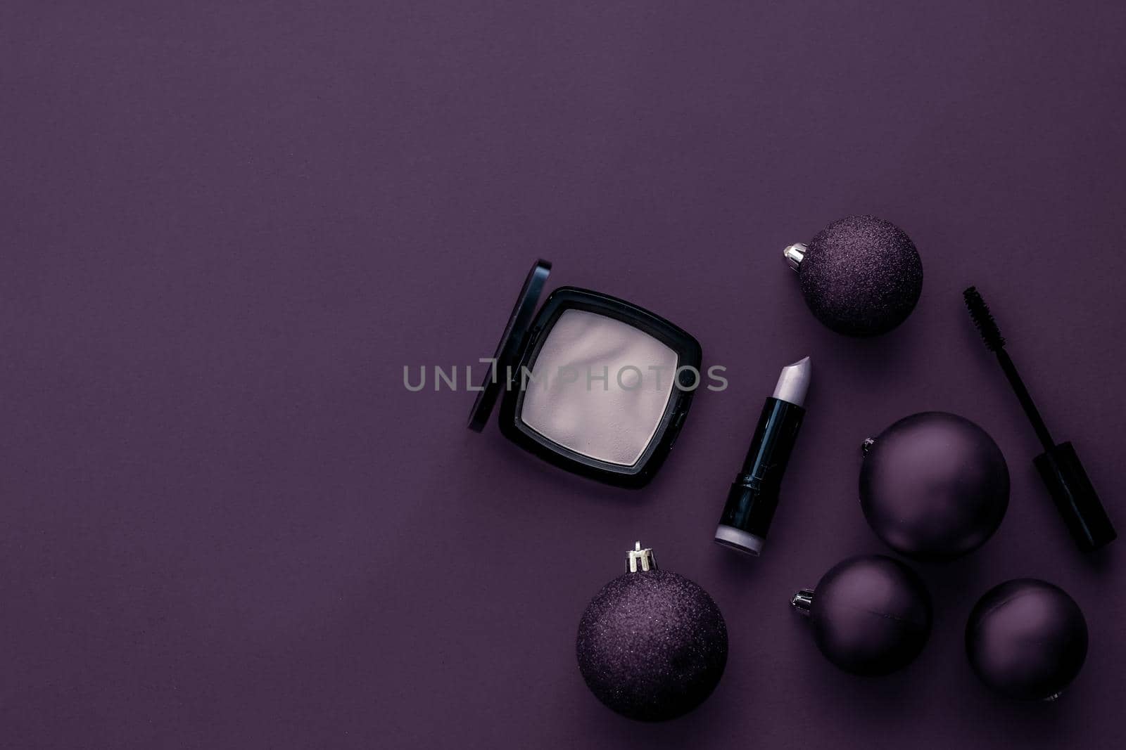 Make-up and cosmetics product set for beauty brand Christmas sale promotion, luxury plum flatlay background as holiday design by Anneleven