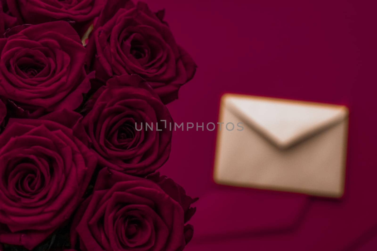 Love letter and flowers delivery on Valentines Day, luxury bouquet of roses and card on maroon background for romantic holiday design by Anneleven