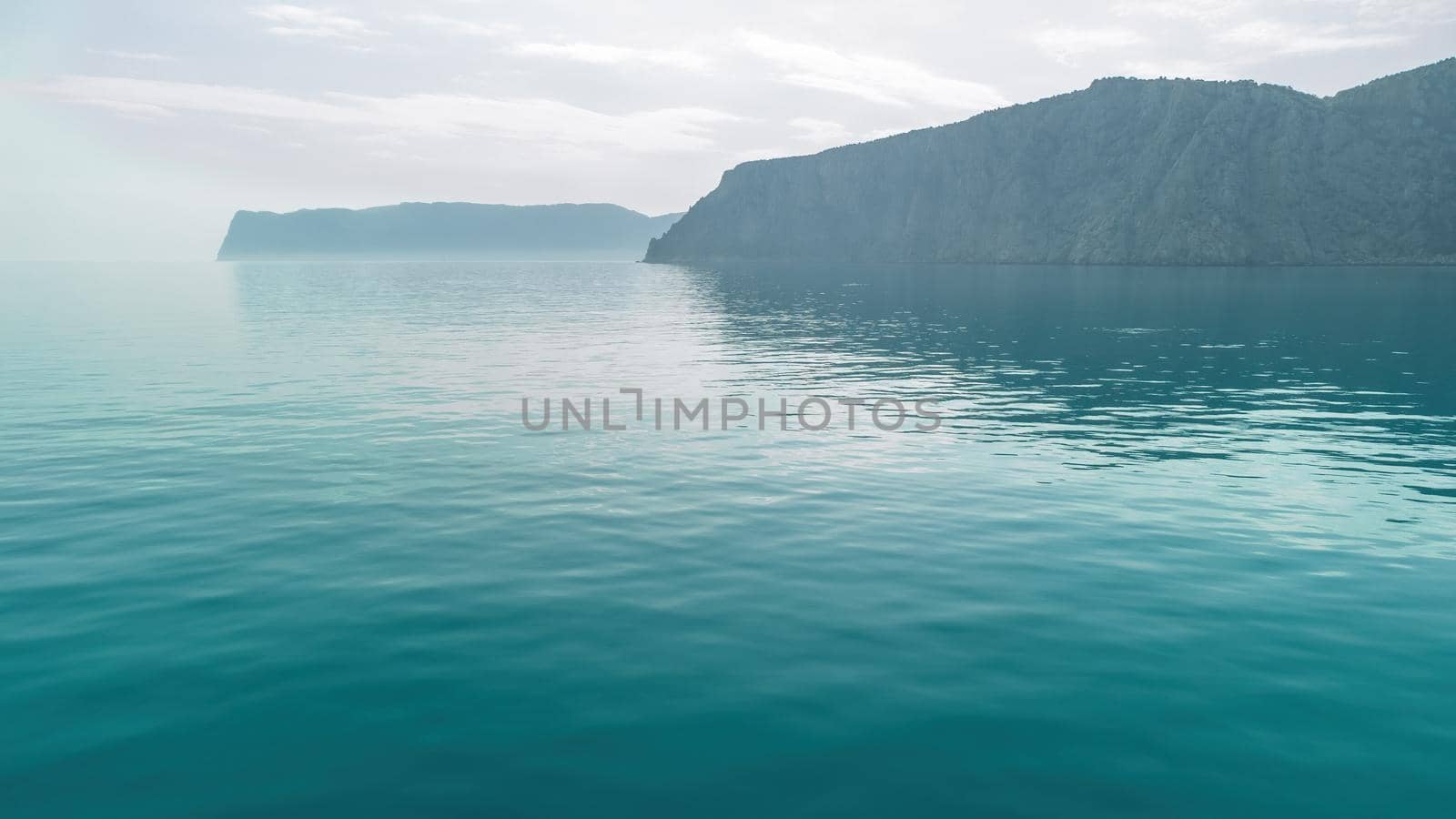 Sea landscape with rocky coastline on sunset time with cloudy sky. Yachts in the Sea on a background of rocky shores. The concept of perfect place for summer travel and rest.