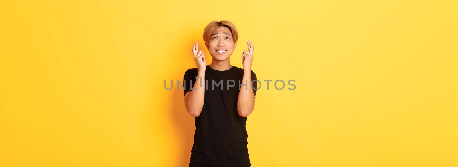 Portrait of hopeful worried asian man cross fingers good luck, begging look up, standing yellow background.