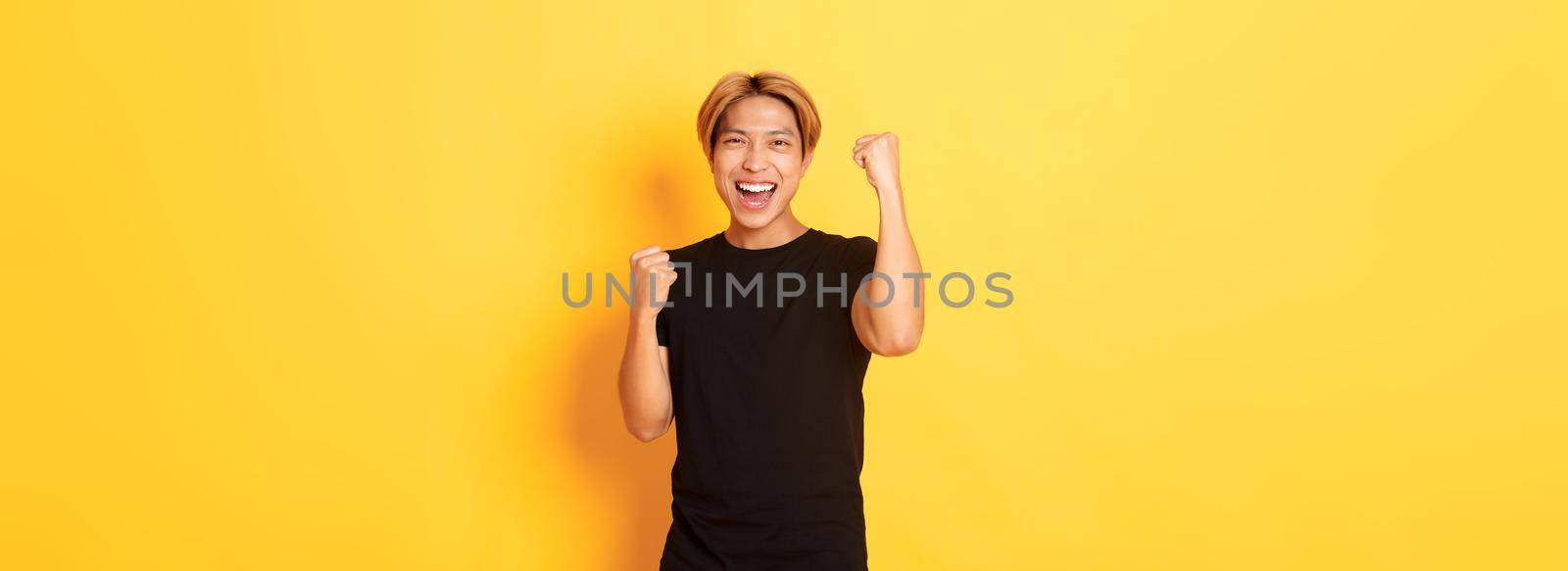 Portrait of triumphing confident asian man, fist pump and smiling happy, celebrating victory or achievement, standing yellow background.