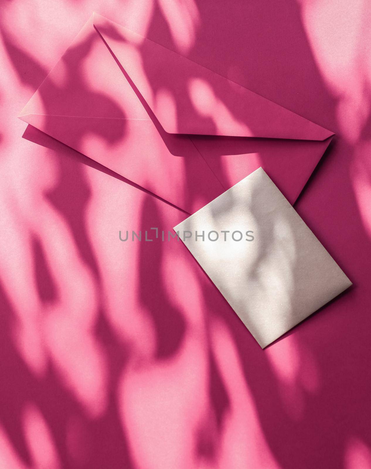 Beauty brand identity as flatlay mockup design, business card and letter for online luxury branding on pink shadow background by Anneleven