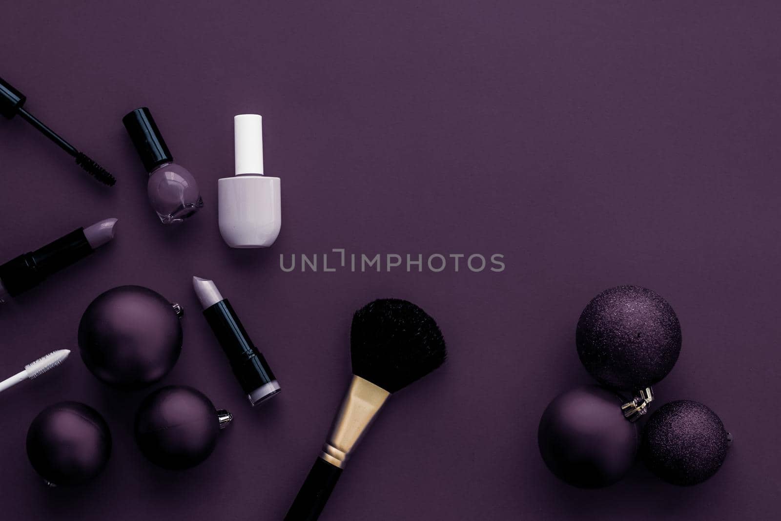 Make-up and cosmetics product set for beauty brand Christmas sale promotion, luxury plum flatlay background as holiday design by Anneleven