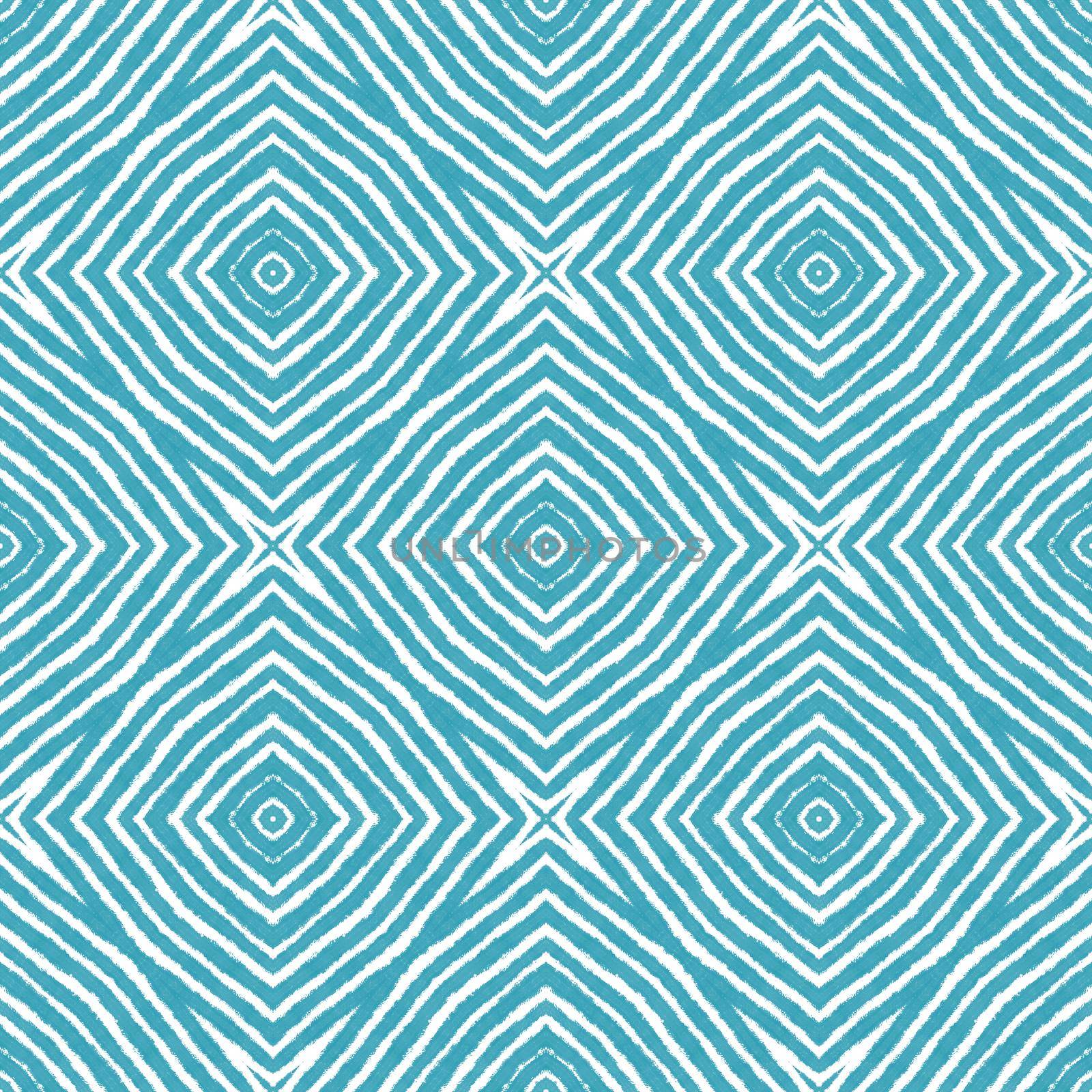 Geometric seamless pattern. Turquoise symmetrical kaleidoscope background. Textile ready creative print, swimwear fabric, wallpaper, wrapping. Hand drawn geometric seamless design.