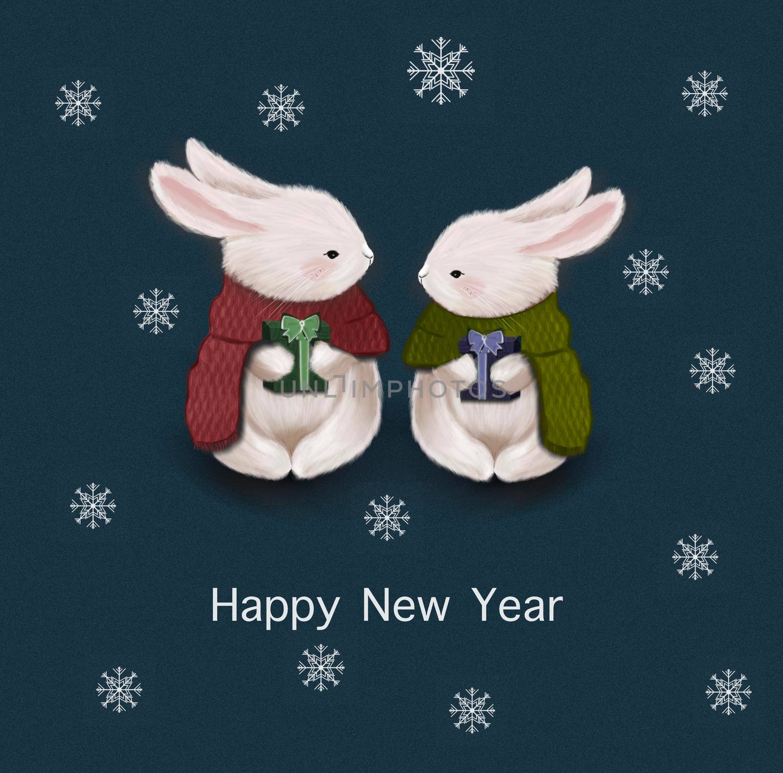 Christmas illustration with cute rabbits. Happy New Year greeting card