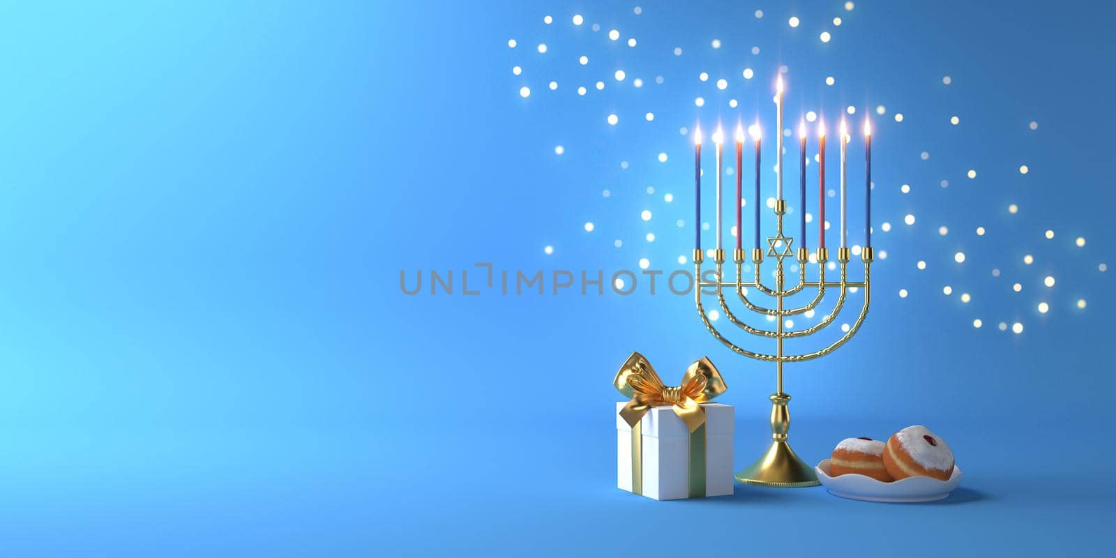 3d rendering Image of Jewish holiday Hanukkah with menorah or traditional Candelabra,gif box, doughnut on a  blue background. by put3d