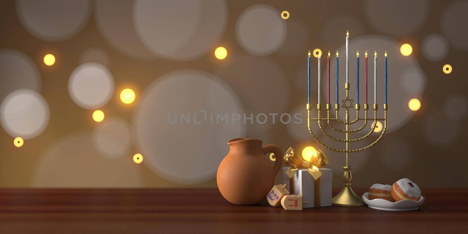 3d rendering Image of Jewish holiday Hanukkah with menorah or traditional Candelabra,gif box, jar and wooden dreidels or spinning top on a  brown background.