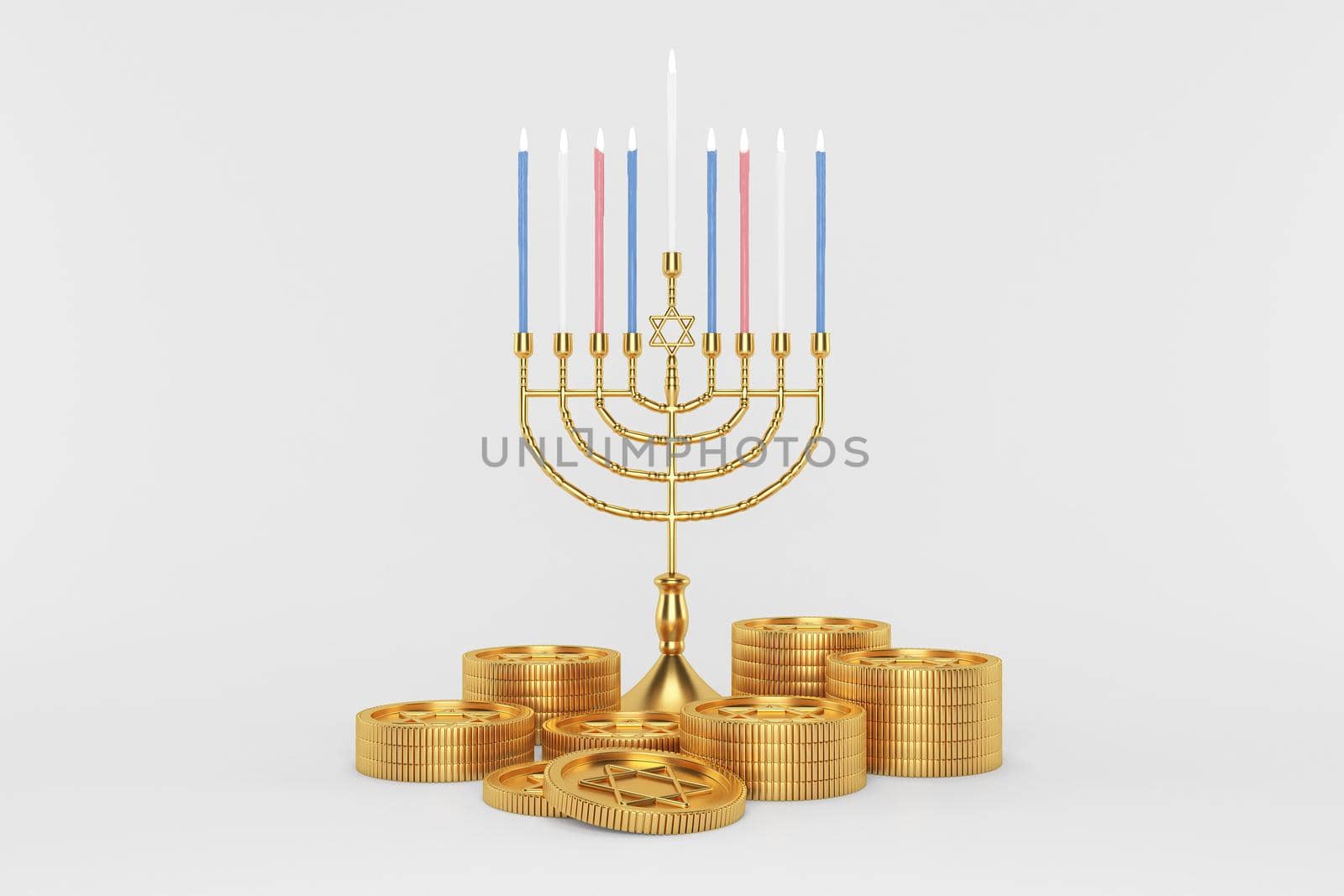 3d rendering Image of Jewish holiday Hanukkah with menorah or traditional Candelabra, and gold coin  on a  white background.