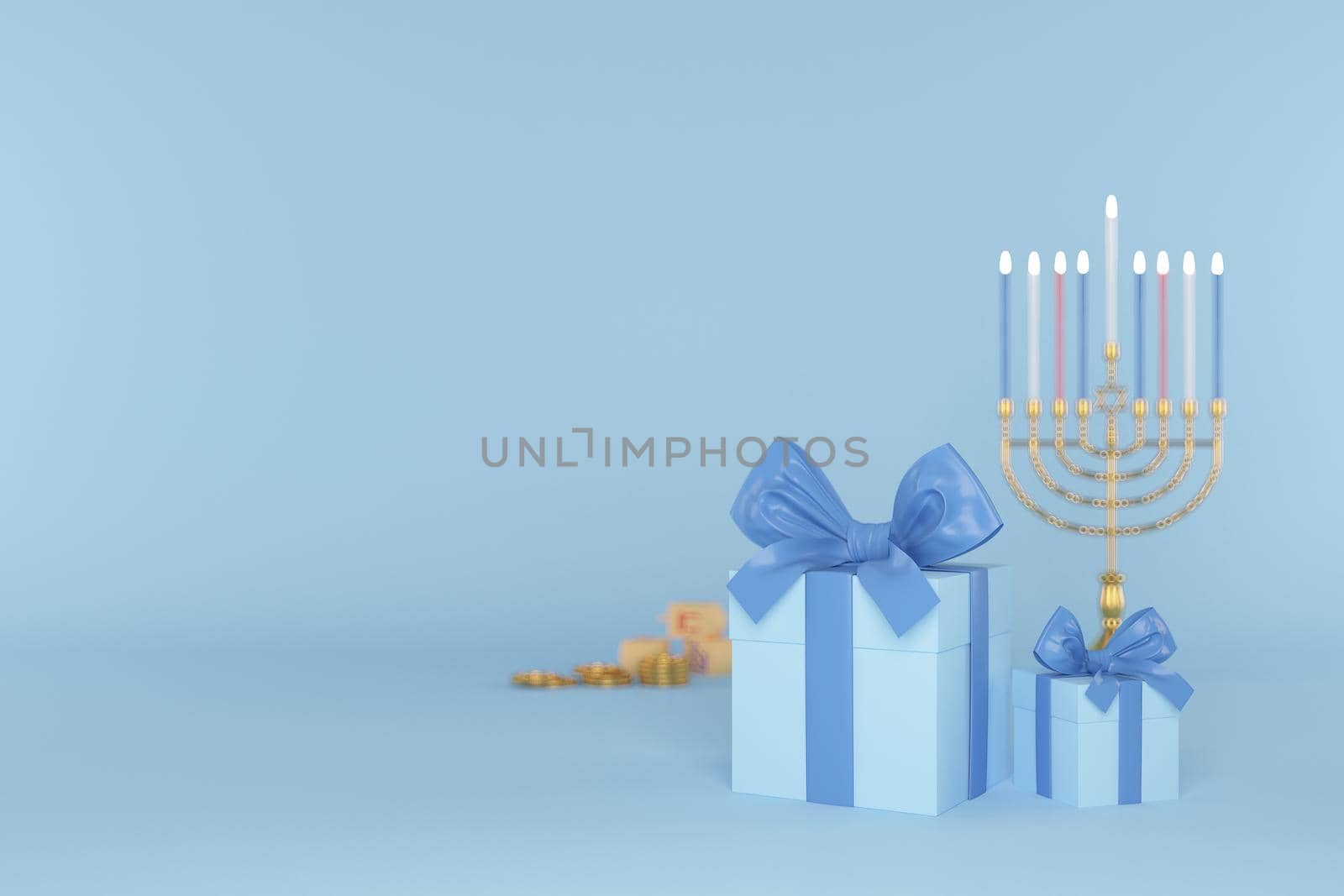 3d rendering Image of Jewish holiday Hanukkah with  gif box on a   bokeh of  gold coin, menorah or traditional Candelabra, wooden dreidels or spinning top.