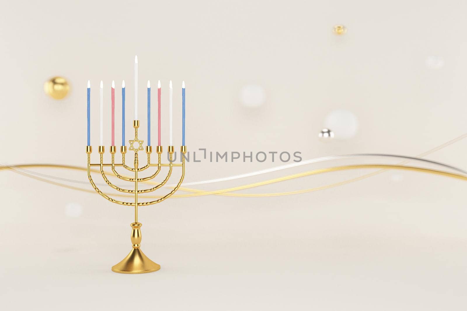 3d rendering Image of Jewish holiday Hanukkah with menorah or traditional Candelabra on a  white background.