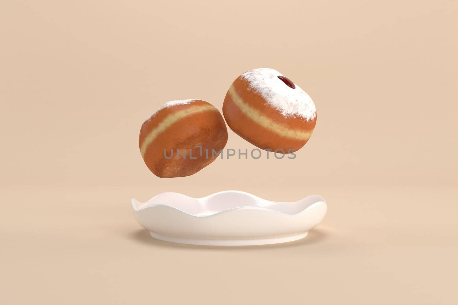 3d rendering Image of Jewish holiday Hanukkah with donuts on a  yellow background.