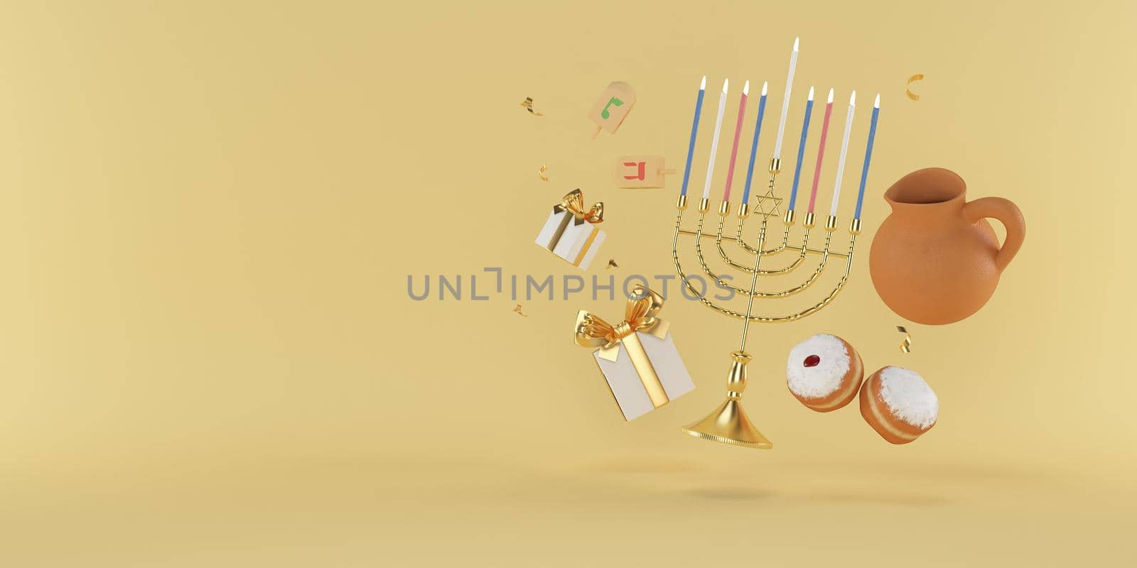 3d rendering Image of Jewish holiday Hanukkah with menorah or traditional Candelabra, donuts and wooden dreidels orspinning top, doughnut on a yellow background. by put3d