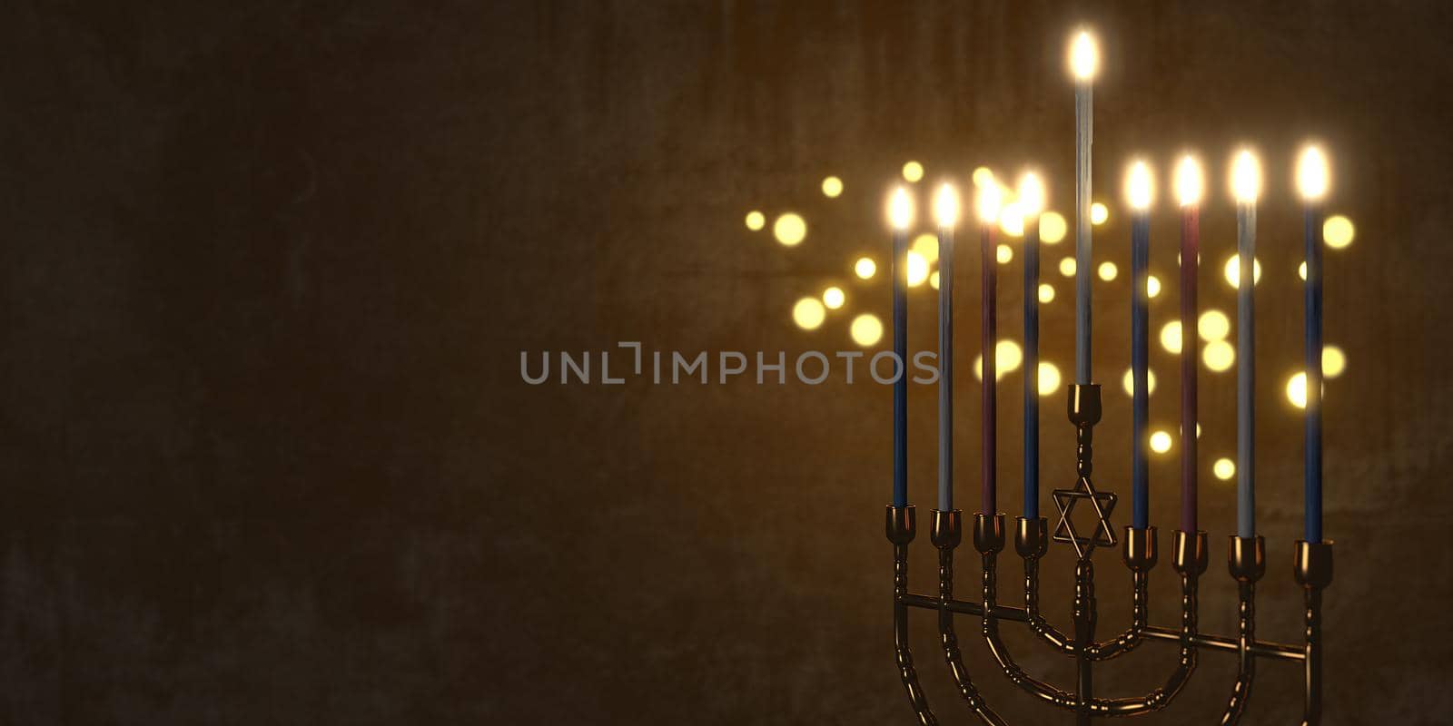 3d rendering  Low key image of jewish holiday Hanukkah background with menorah (traditional candelabra) and burning candles.