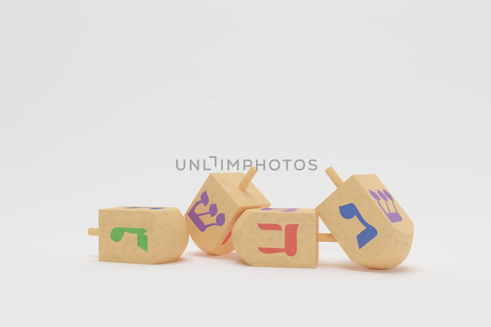 3d rendering Image of Jewish holiday Hanukkah with wooden dreidels or spinning top on a  white background. by put3d