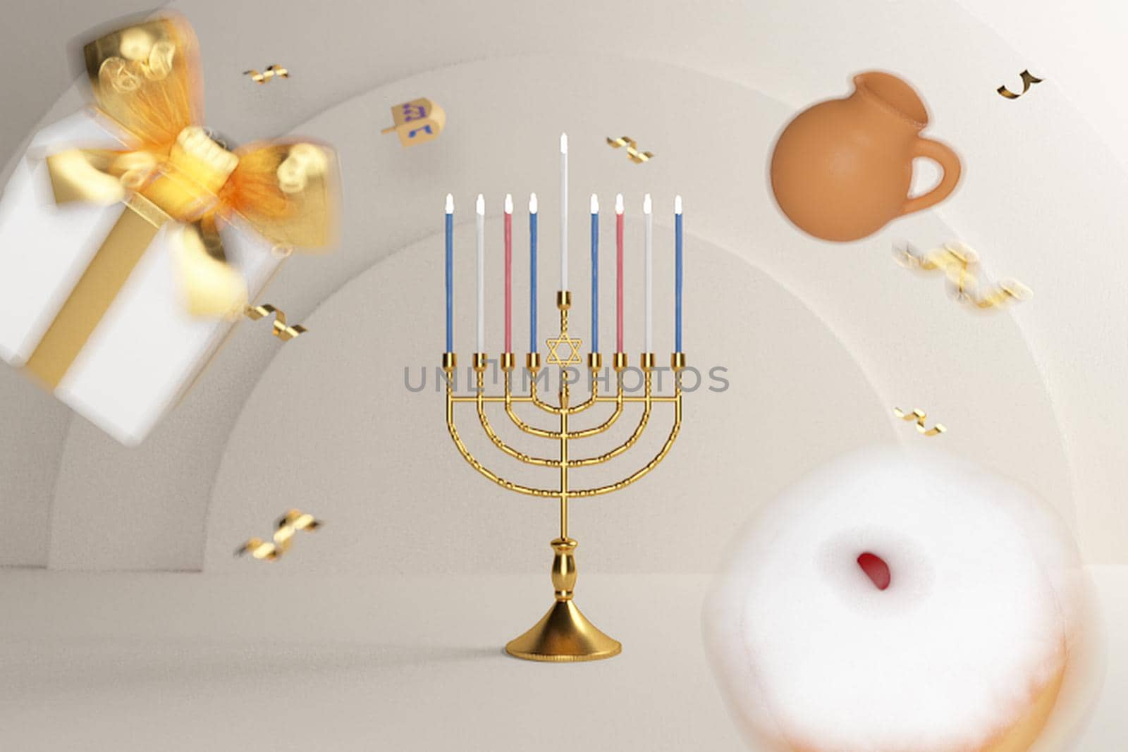 3d rendering Image of Jewish holiday Hanukkah with menorah or traditional Candelabra,gif box, jar ,gold coin and wooden dreidels or spinning top on a  white background.