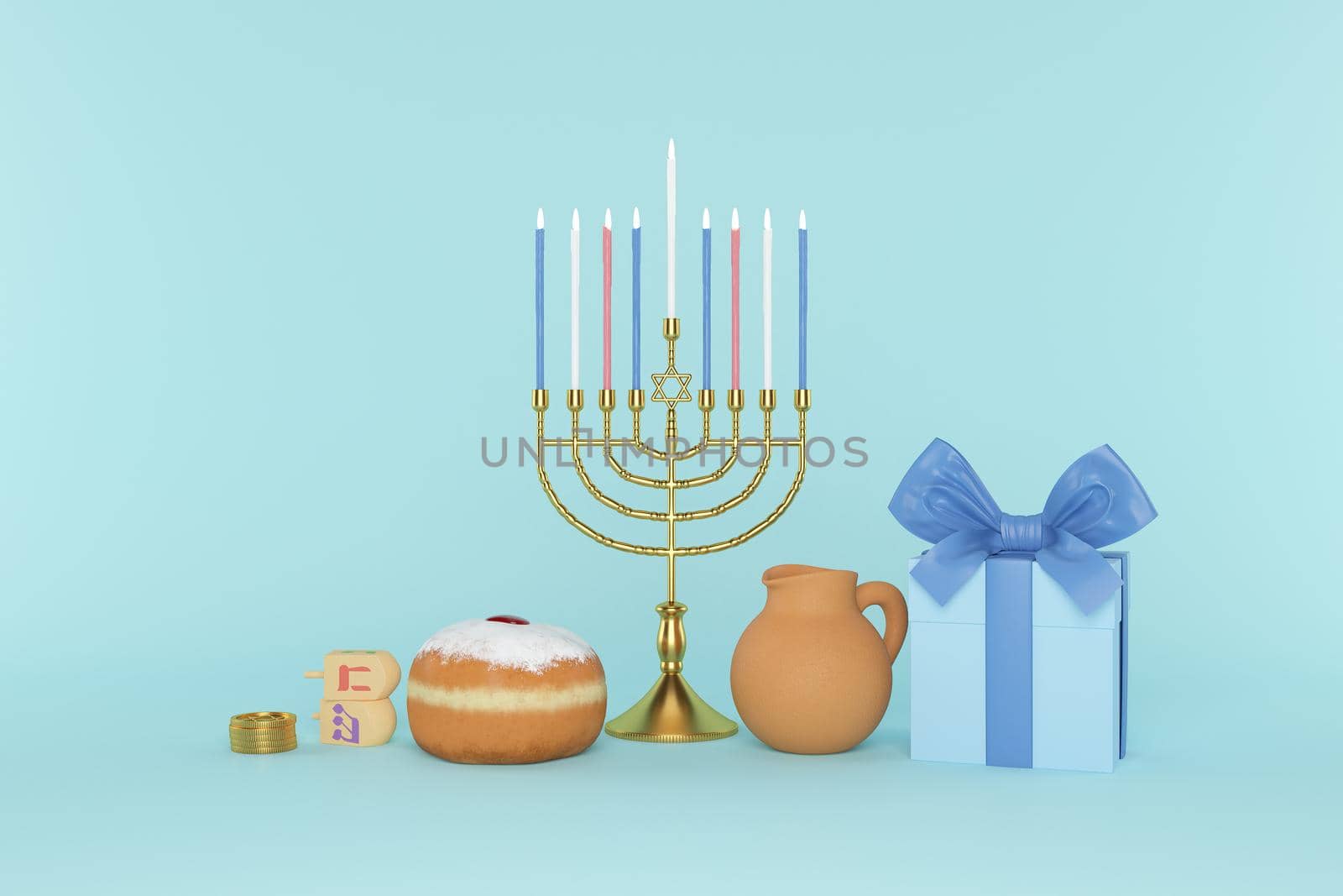 3d rendering Image of Jewish holiday Hanukkah with menorah or traditional Candelabra,gif box, jar ,gold coin and wooden dreidels or spinning top on a  blue background.