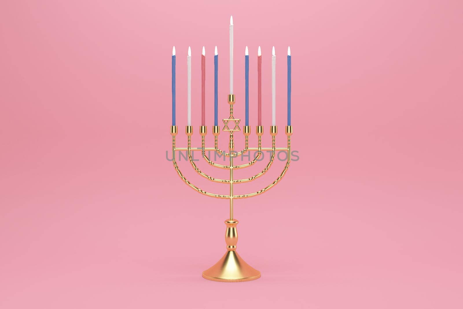 3d rendering Image of Jewish holiday Hanukkah with menorah or traditional Candelabra on a  pink background. by put3d