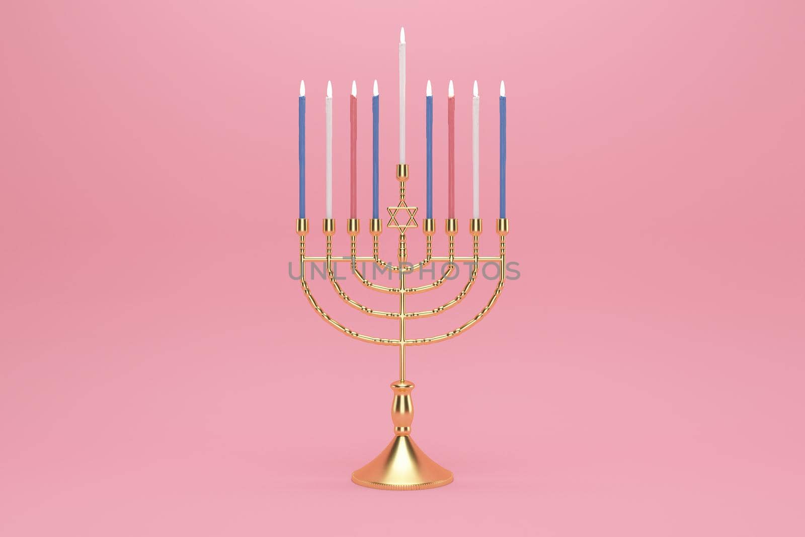 3d rendering Image of Jewish holiday Hanukkah with menorah or traditional Candelabra on a  pink background.