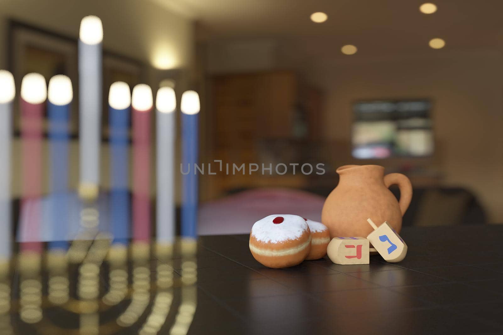 3d rendering Image of Jewish holiday Hanukkah with menorah or traditional Candelabra,gif box, jar and wooden dreidels or spinning top on a  brown background.