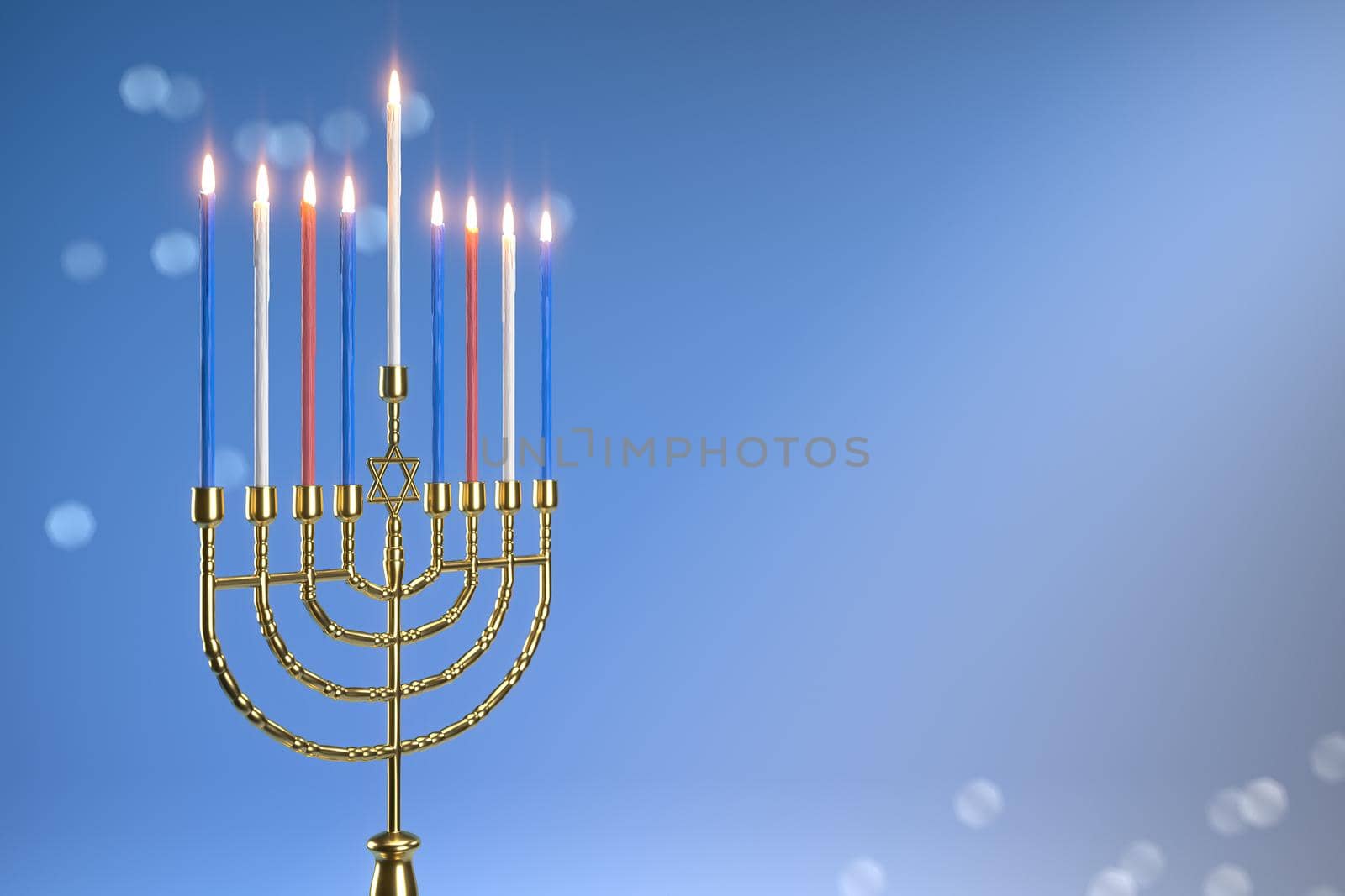 3d rendering Image of Jewish holiday Hanukkah with  menorah or traditional Candelabra on a  bokeh background.