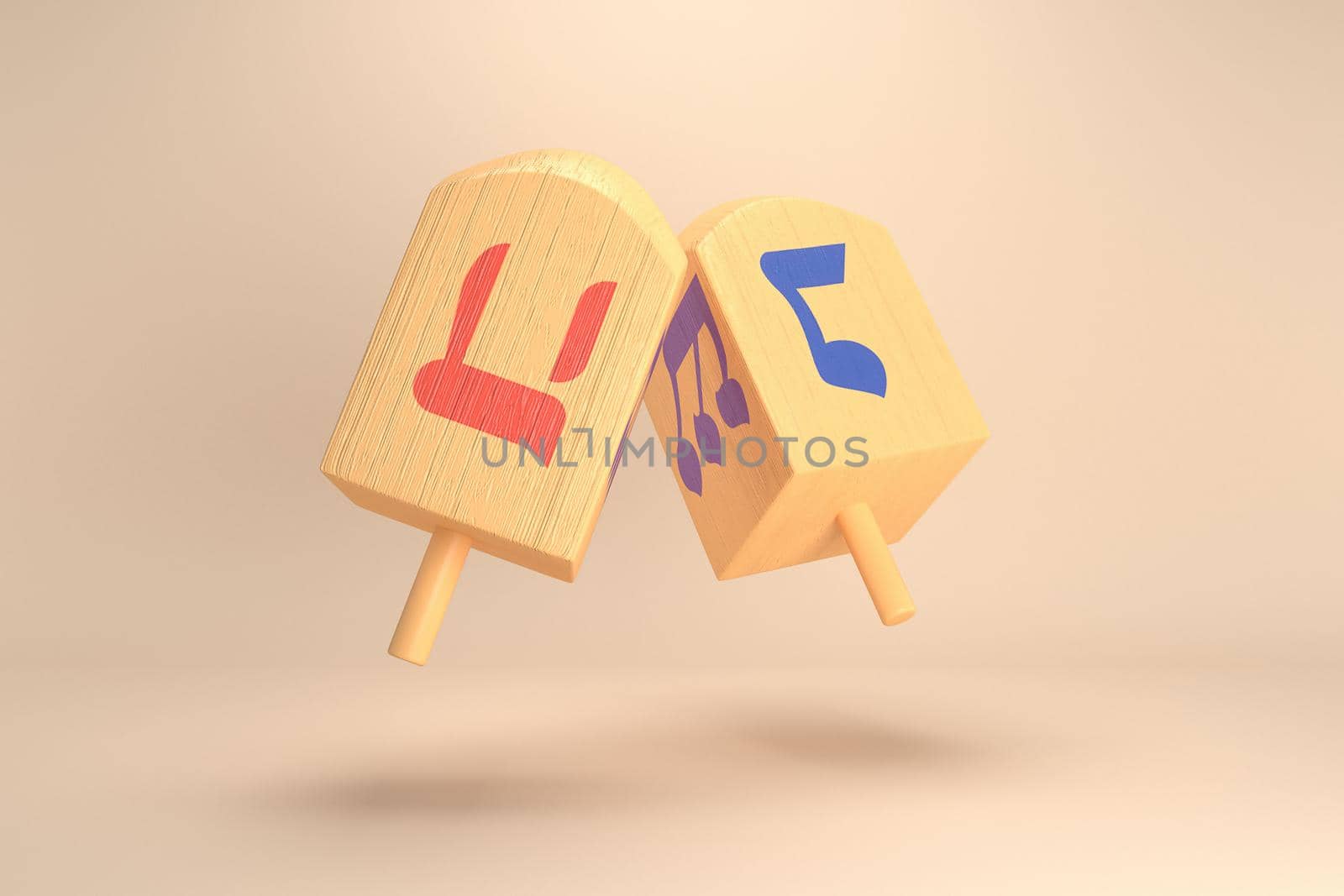 3d rendering Image of Jewish holiday Hanukkah with  wooden dreidels or spinning top on a  yellow background.