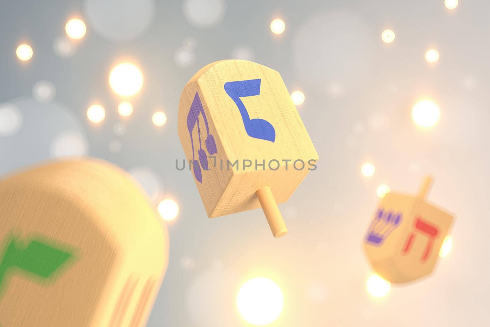3d rendering Image of Jewish holiday Hanukkah with  wooden dreidels or spinning top on a  bokeh background.