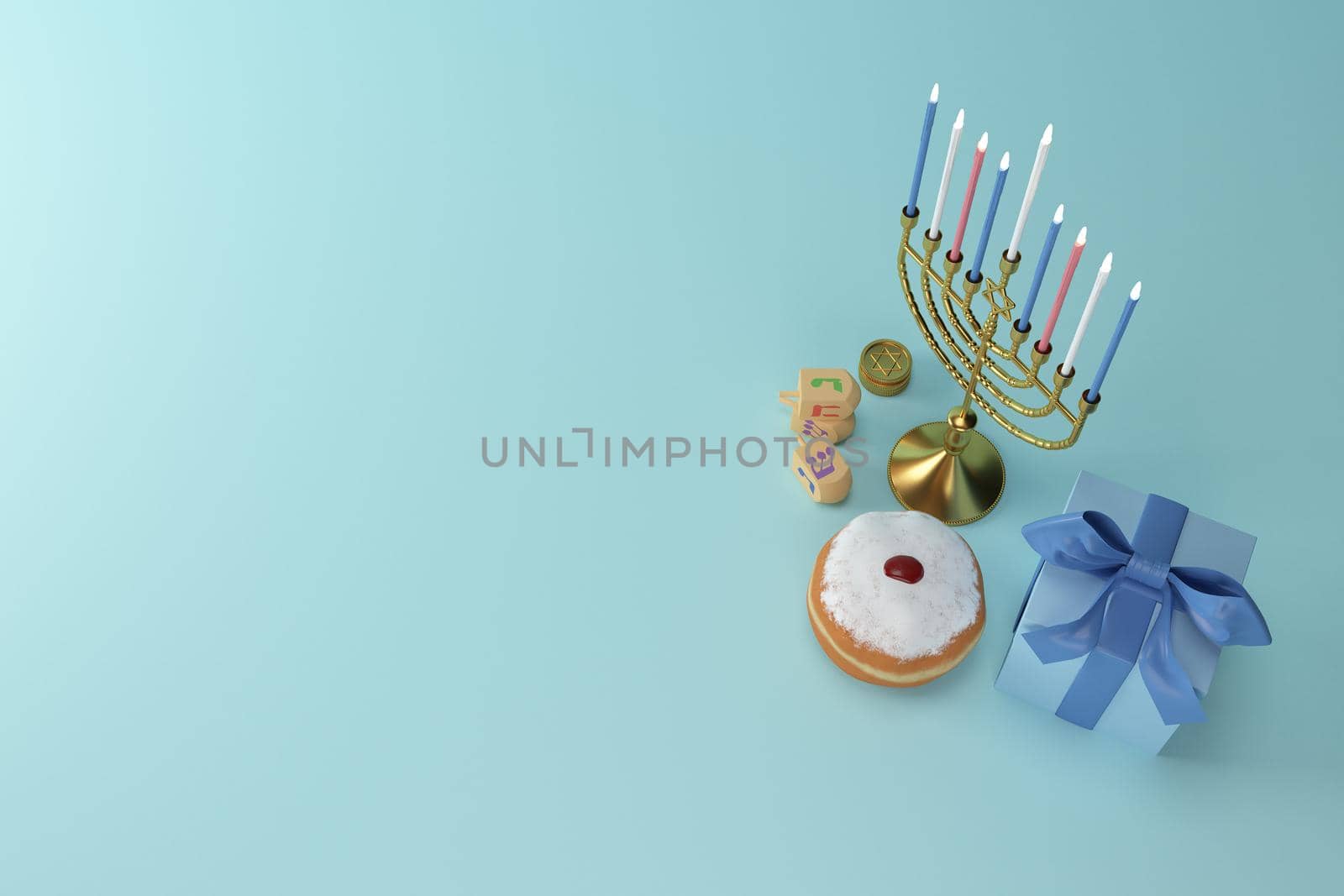 3d rendering Image of Jewish holiday Hanukkah with menorah or traditional Candelabra,gif box, jar ,gold coin and wooden dreidels or spinning top on a  blue background. by put3d