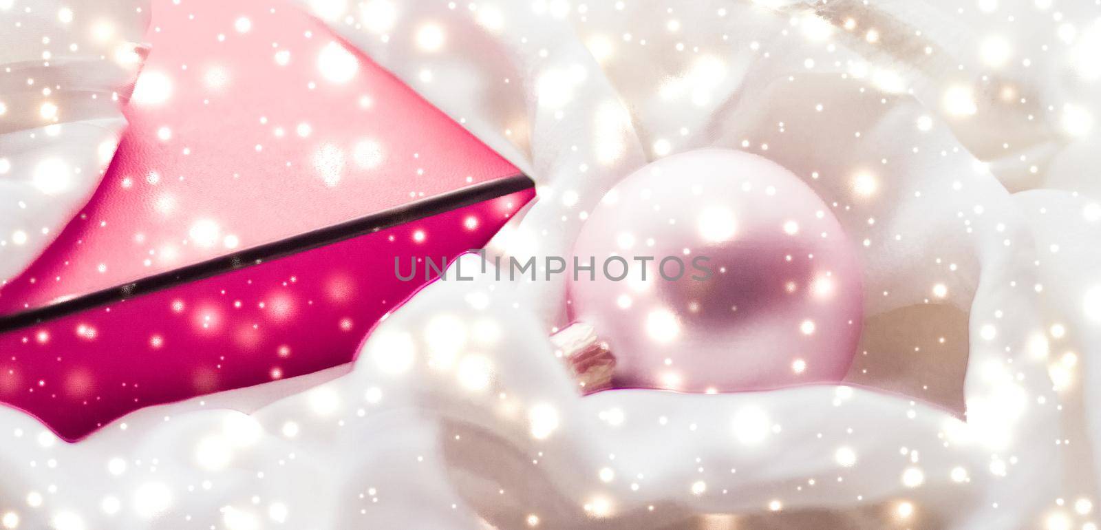 Holidays branding, glamour and decoration concept - Christmas magic holiday background, festive baubles, pink vintage gift box and golden glitter as winter season present for luxury brand design