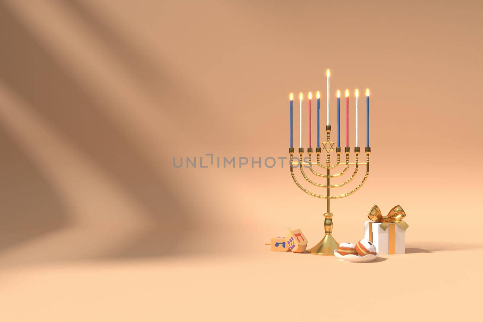3d rendering Image of Jewish holiday Hanukkah with menorah or traditional Candelabra,gif box and wooden dreidels or spinning top on a  brown background.