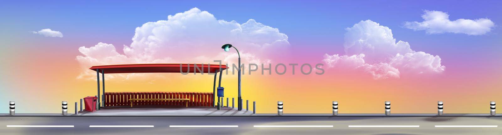 Bus stop on a Suburban highway on a sunny morning. Digital Painting Background, Illustration.