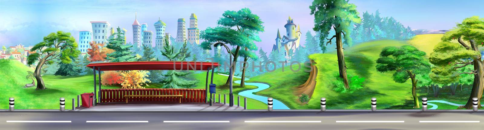 Bus stop on a Suburban highway along the city on a sunny day. Digital Painting Background, Illustration.