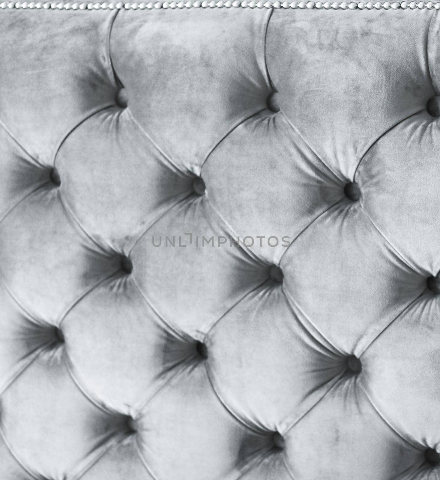 Furniture design, classic interior and royal vintage material concept - Silver luxury velour quilted sofa upholstery with buttons, elegant home decor texture and background