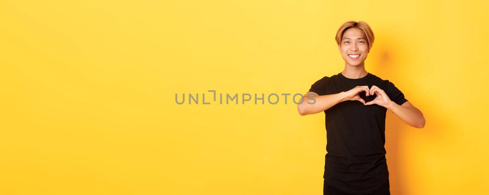 Portrait of lovely handsome blond asian man, showing heart gesture and smiling, standing yellow background.