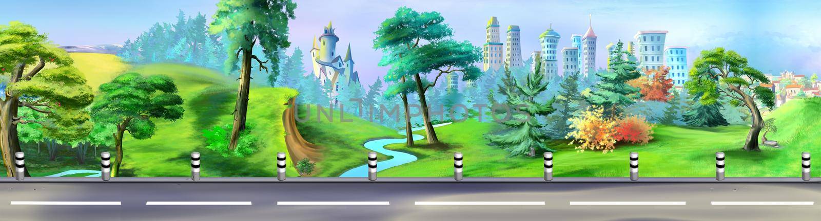 Suburban highway past the park on a sunny day. Digital Painting Background, Illustration.