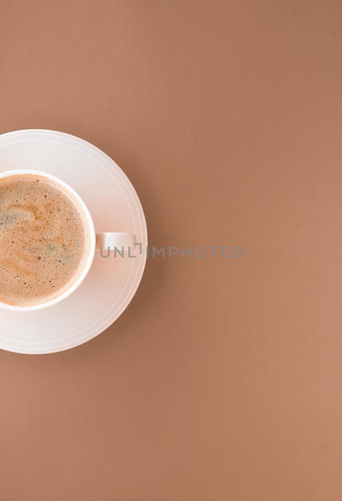 Cup of hot coffee as breakfast drink, flatlay cups on beige background by Anneleven