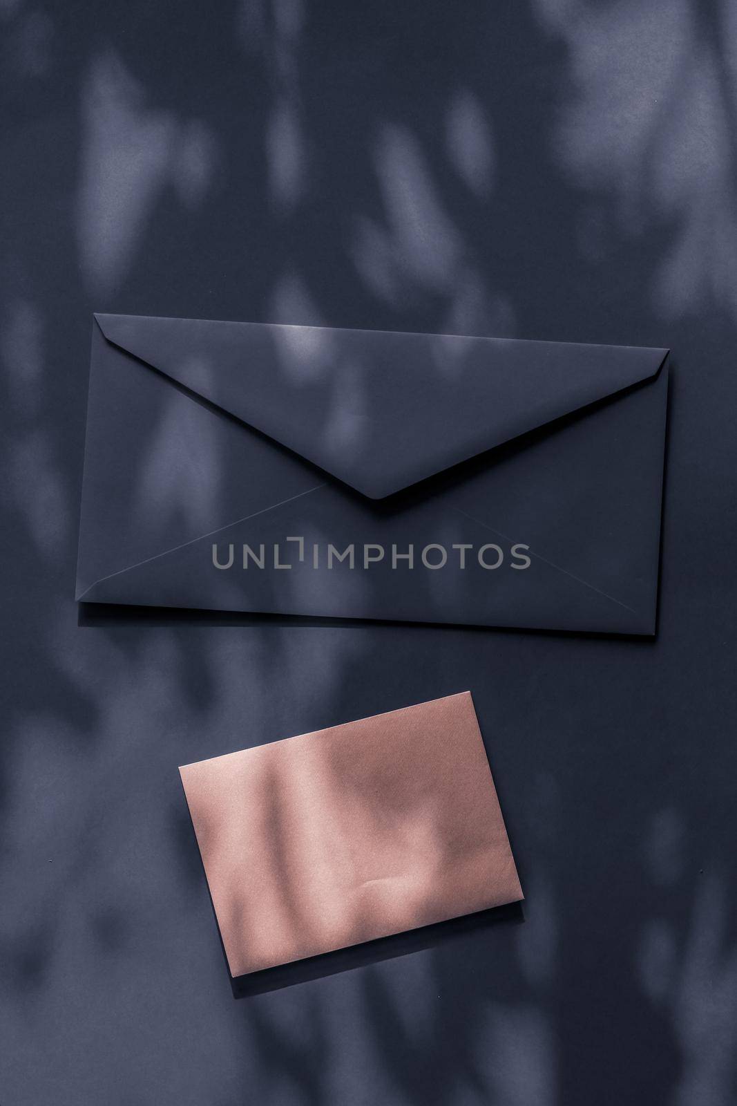 Beauty brand identity as flatlay mockup design, business card and letter for online luxury branding on charcoal shadow background by Anneleven