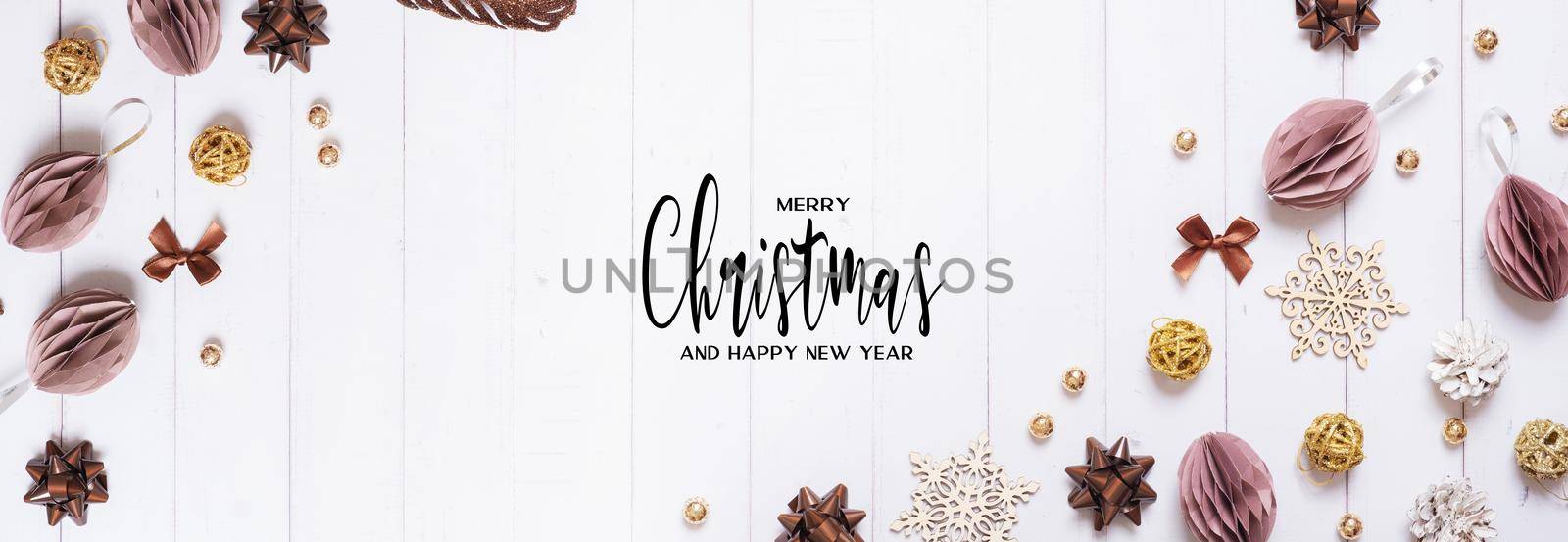 Merrry Christmas and Happy new year greeting card with composition flat lay on wooden background by ssvimaliss