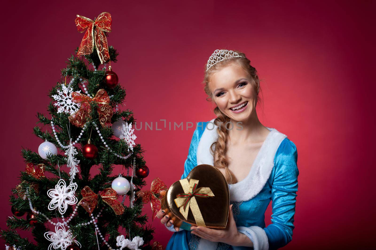 Snow Maiden in blue sexy cloth and fir tree with gold gift box