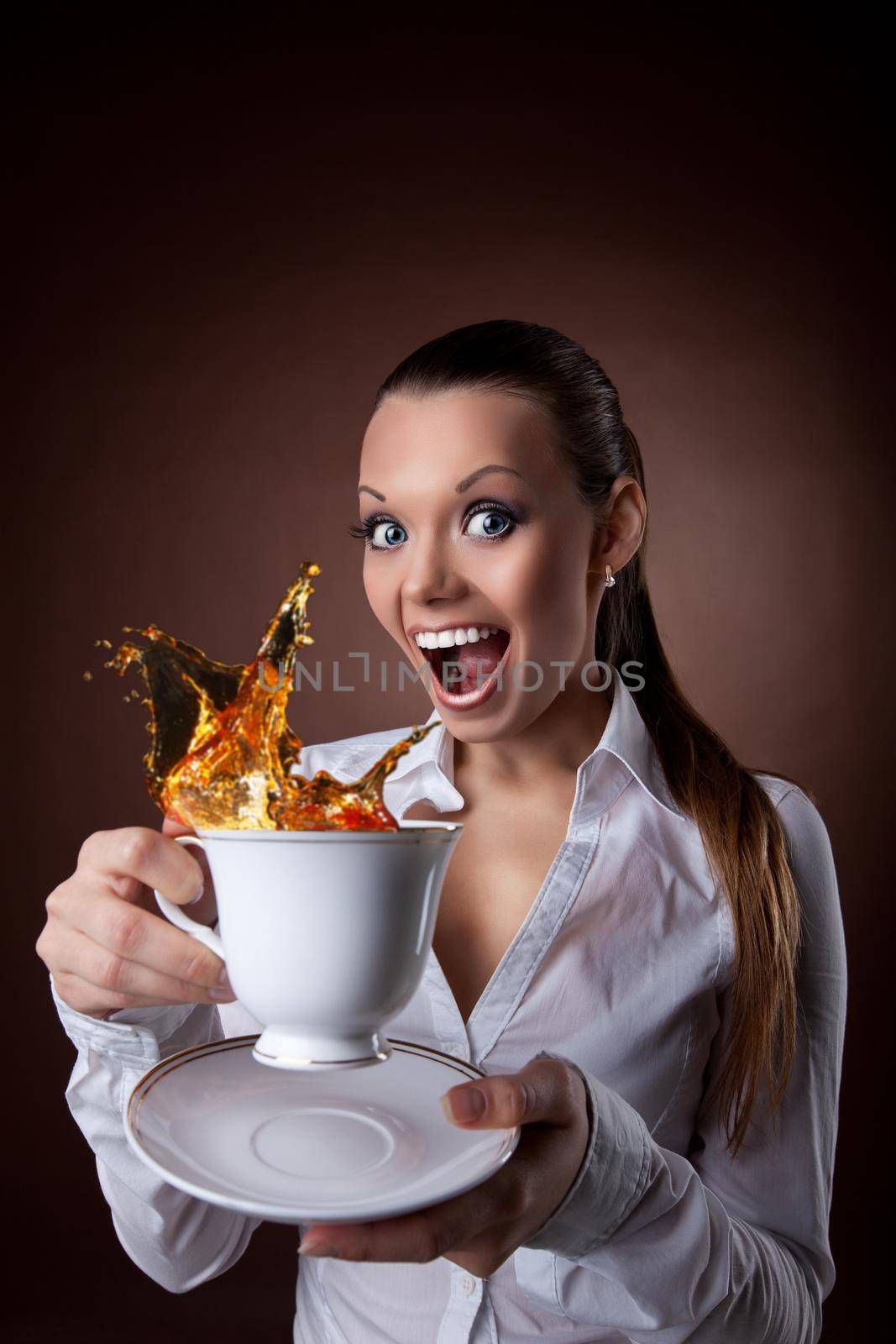 funny Woman with cup and splash of tea smile by rivertime