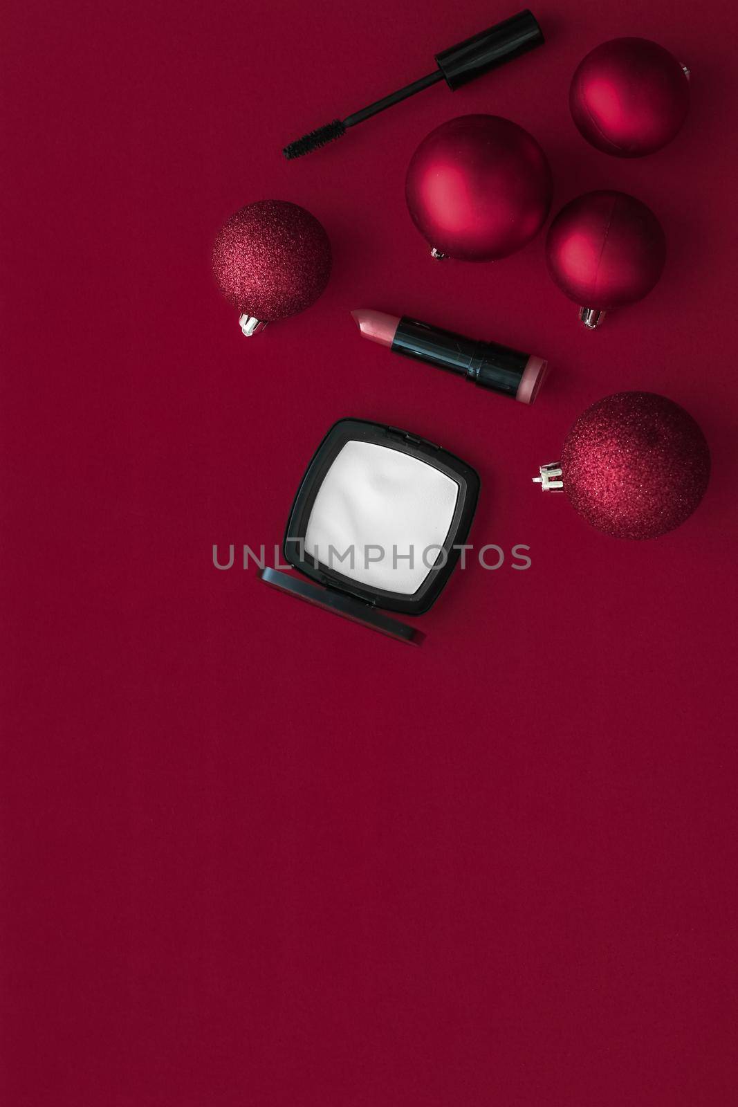 Cosmetic branding, fashion blog cover and girly glamour concept - Make-up and cosmetics product set for beauty brand Christmas sale promotion, luxury wine flatlay background as holiday design