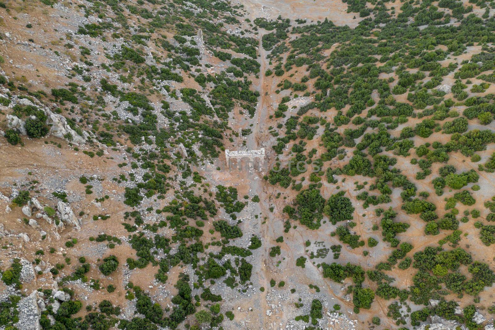 Aerial photograph of the ancient city of Ariassos and the city gate