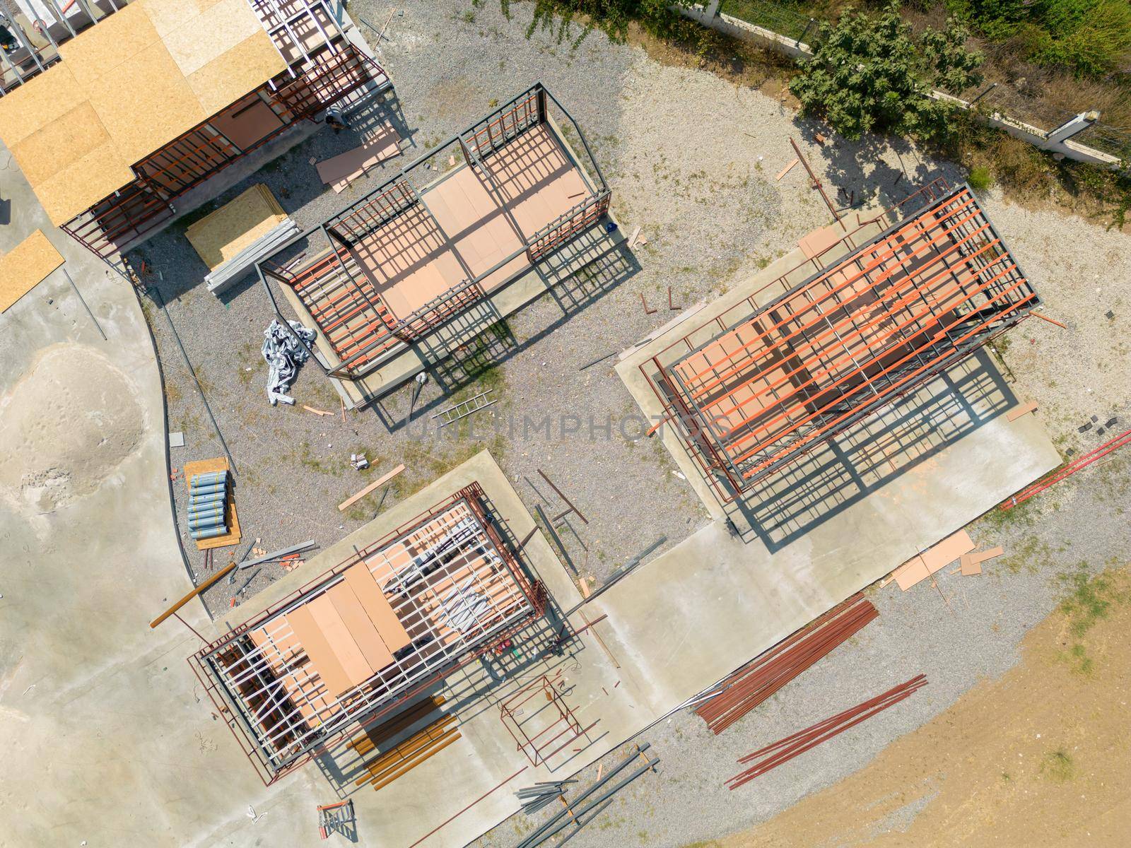 Aerial photo top to down view of tiny houses built with metal profile by Sonat