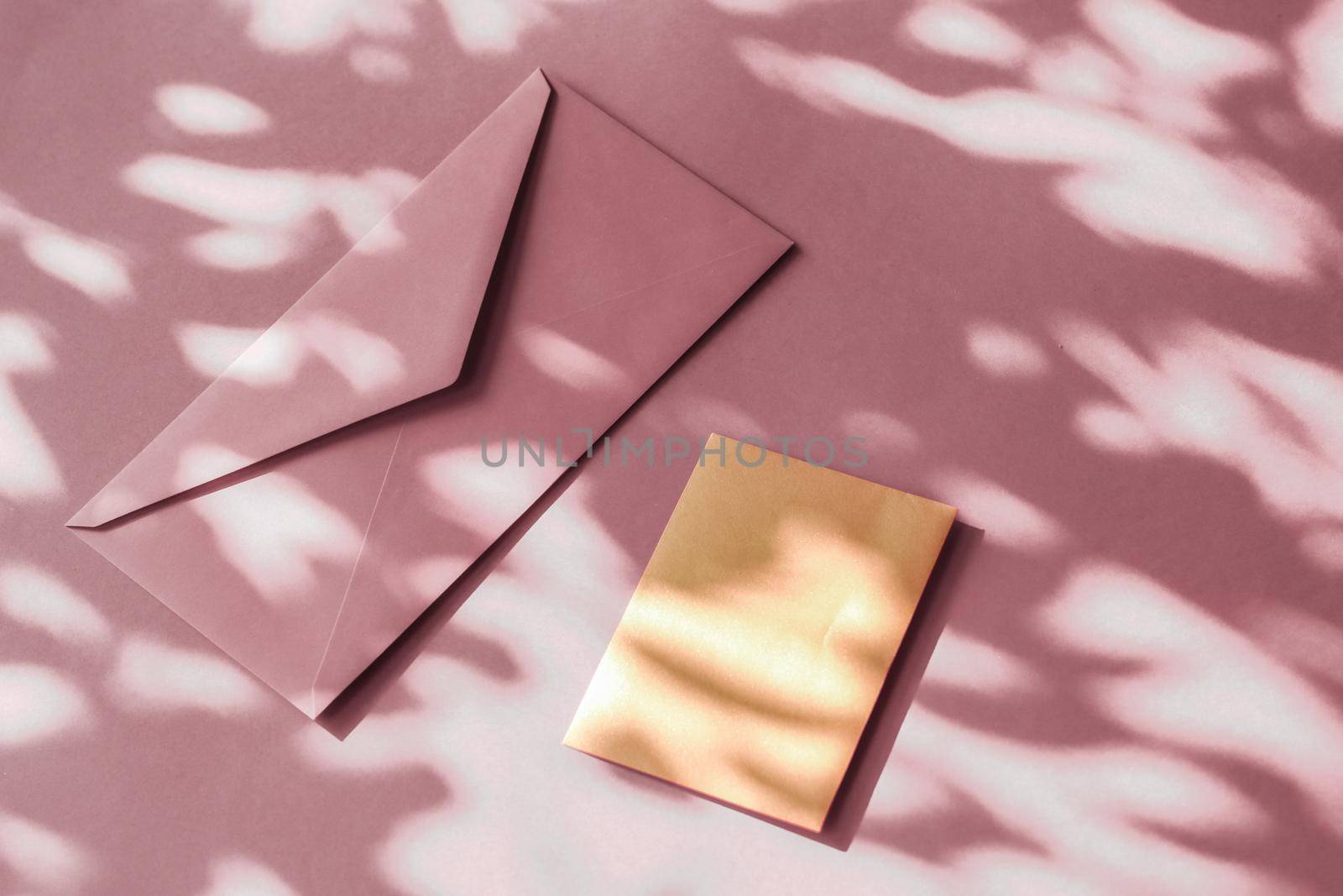 Holiday marketing, business kit and email newsletter concept - Beauty brand identity as flatlay mockup design, business card and letter for online luxury branding on pastel shadow background