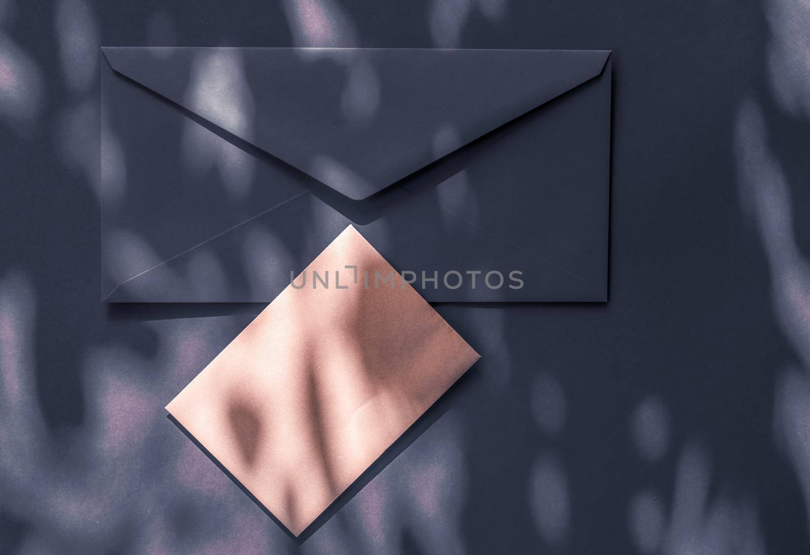 Holiday marketing, business kit and email newsletter concept - Beauty brand identity as flatlay mockup design, business card and letter for online luxury branding on charcoal shadow background