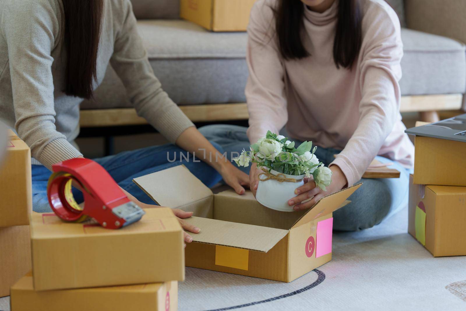 Asian SME business woman with partner working at home office. online shopping concept by itchaznong