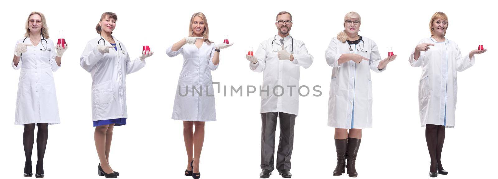 laboratory assistant holding a flask with liquid isolated on white background